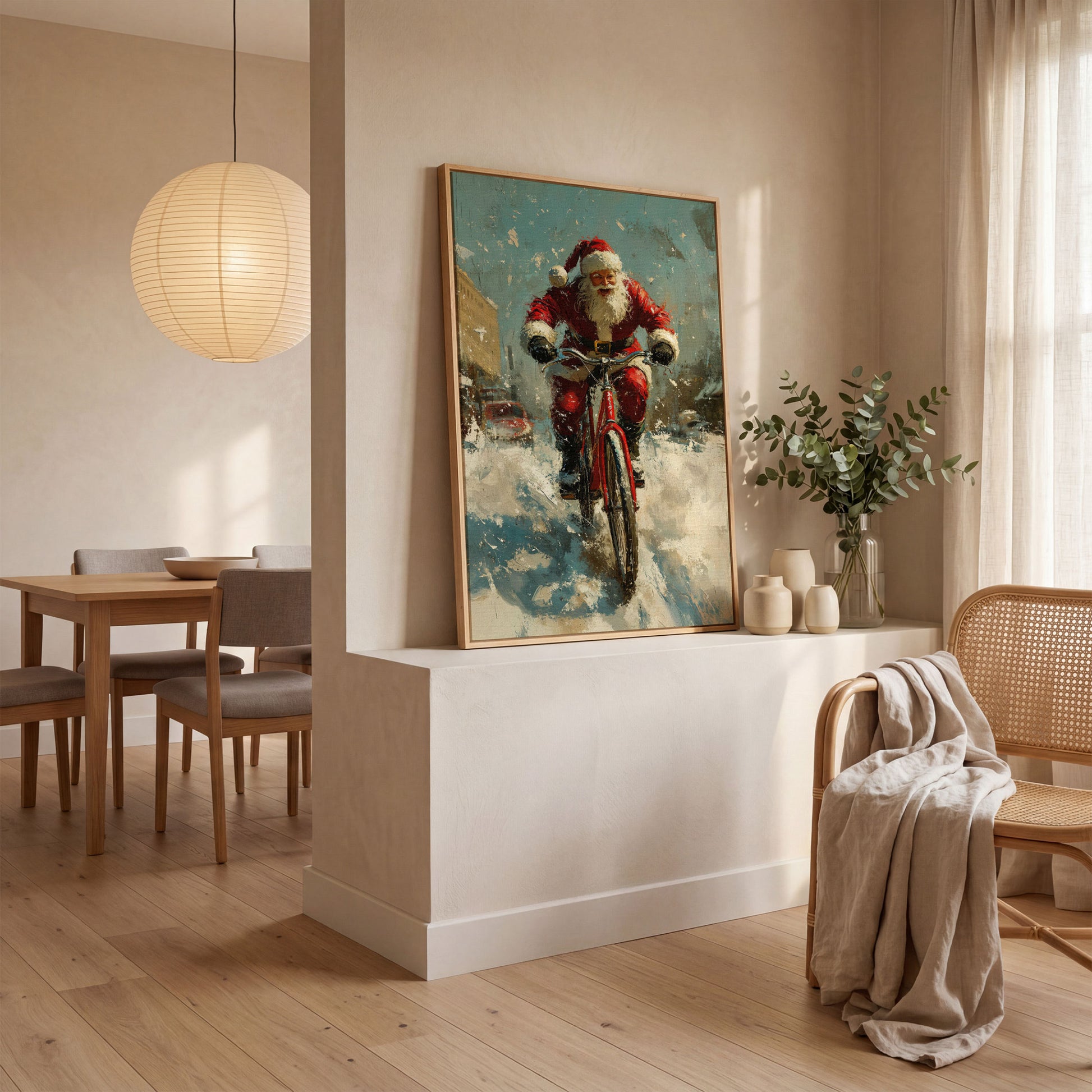 Santa on Bicycle Canvas Print, Festive Wall Art in white oak floating frame