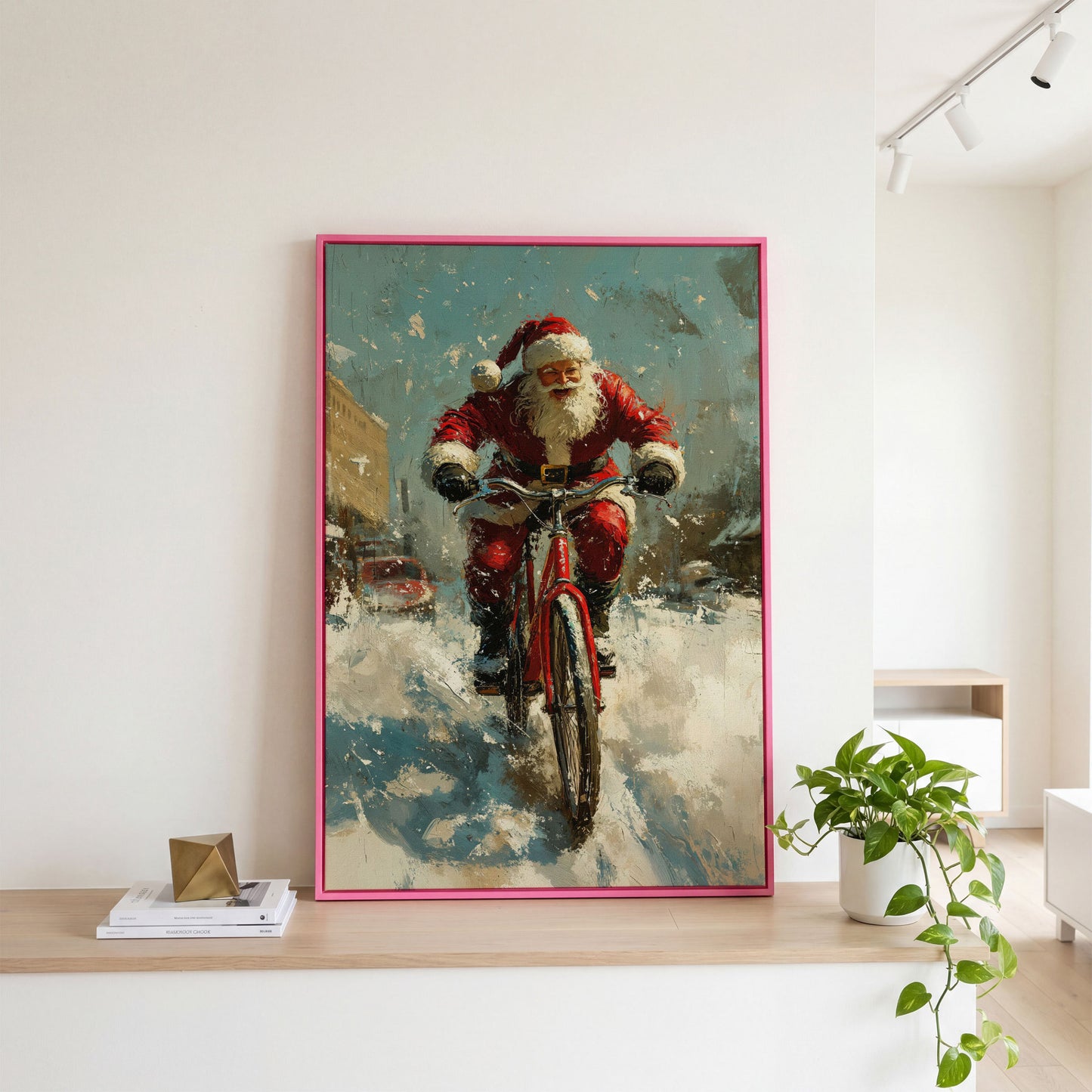 Santa on Bicycle Canvas Print, Festive Wall Art in pink floating frame