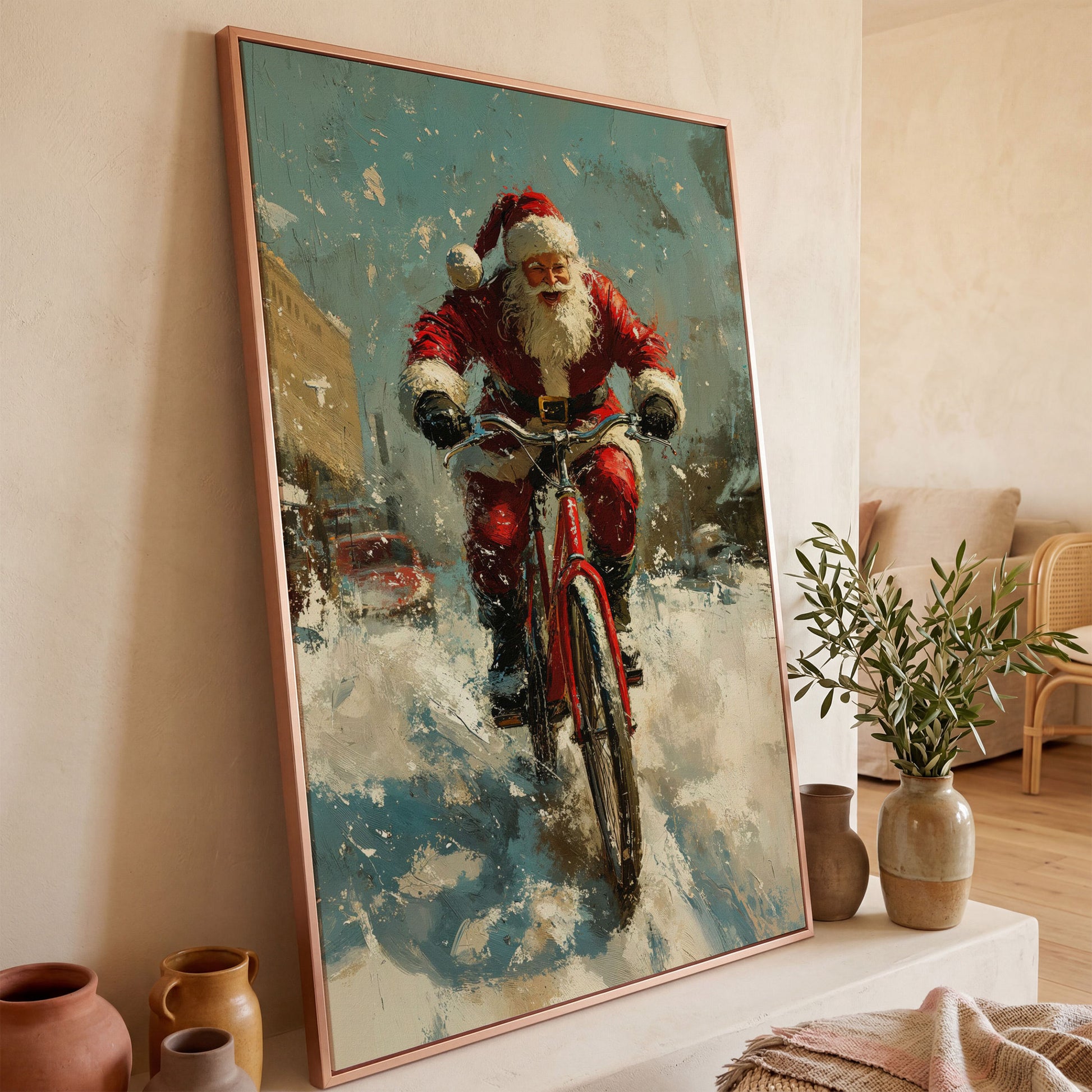 Santa on Bicycle Canvas Print, Festive Wall Art in rose gold floating frame
