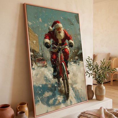 Santa on Bicycle Canvas Print, Festive Wall Art in rose gold floating frame