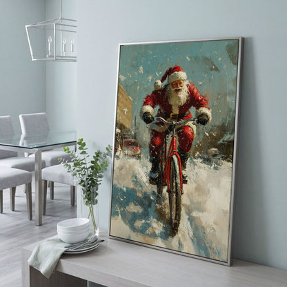 Santa on Bicycle Canvas Print, Festive Wall Art in silver floating frame