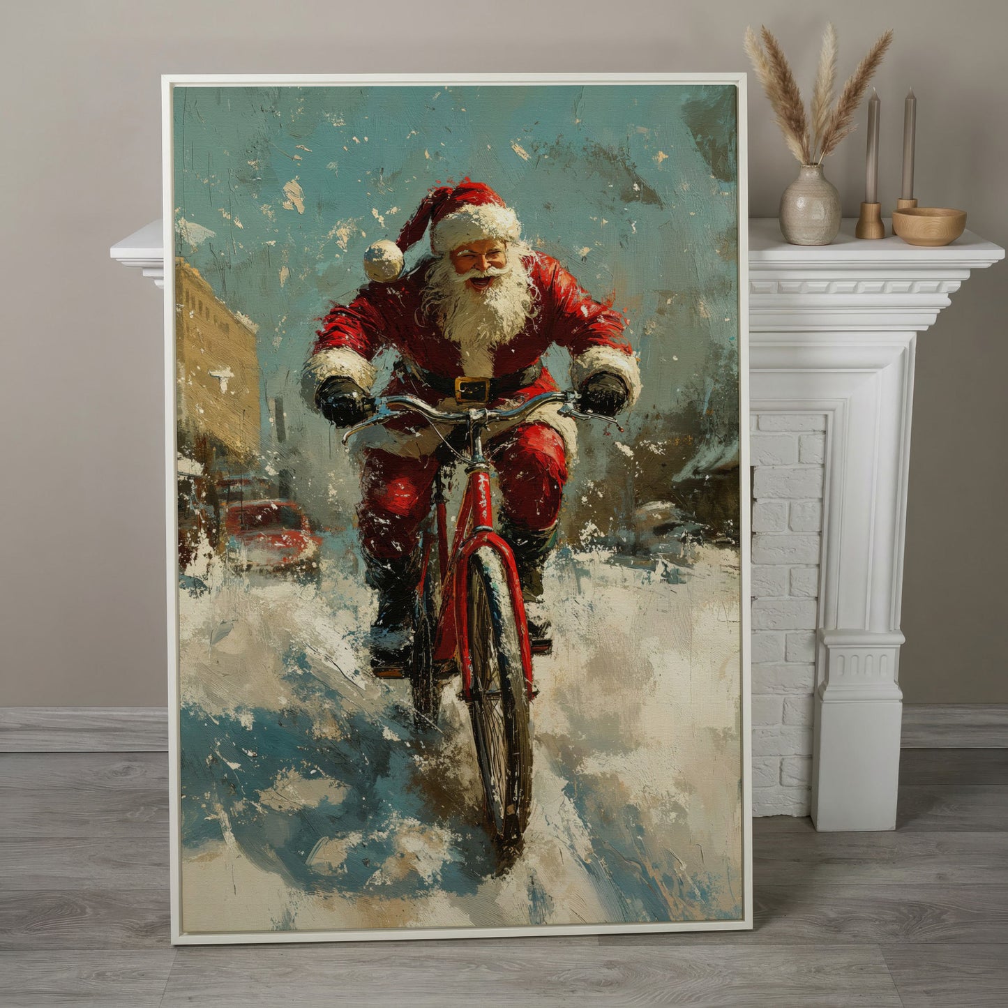 Santa on Bicycle Canvas Print, Festive Wall Art in white floating frame