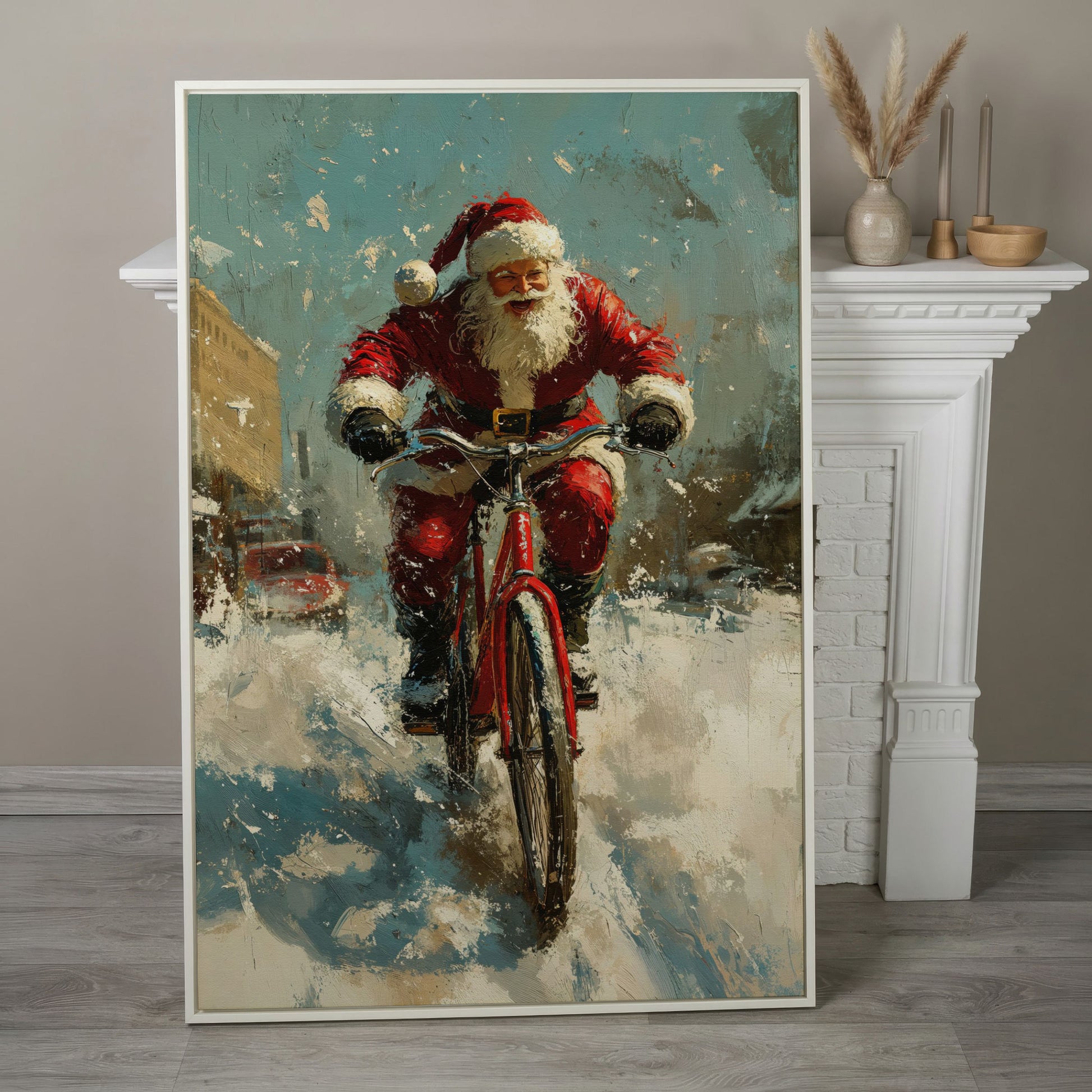 Santa on Bicycle Canvas Print, Festive Wall Art in white floating frame