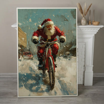 Santa on Bicycle Canvas Print, Festive Wall Art in white floating frame
