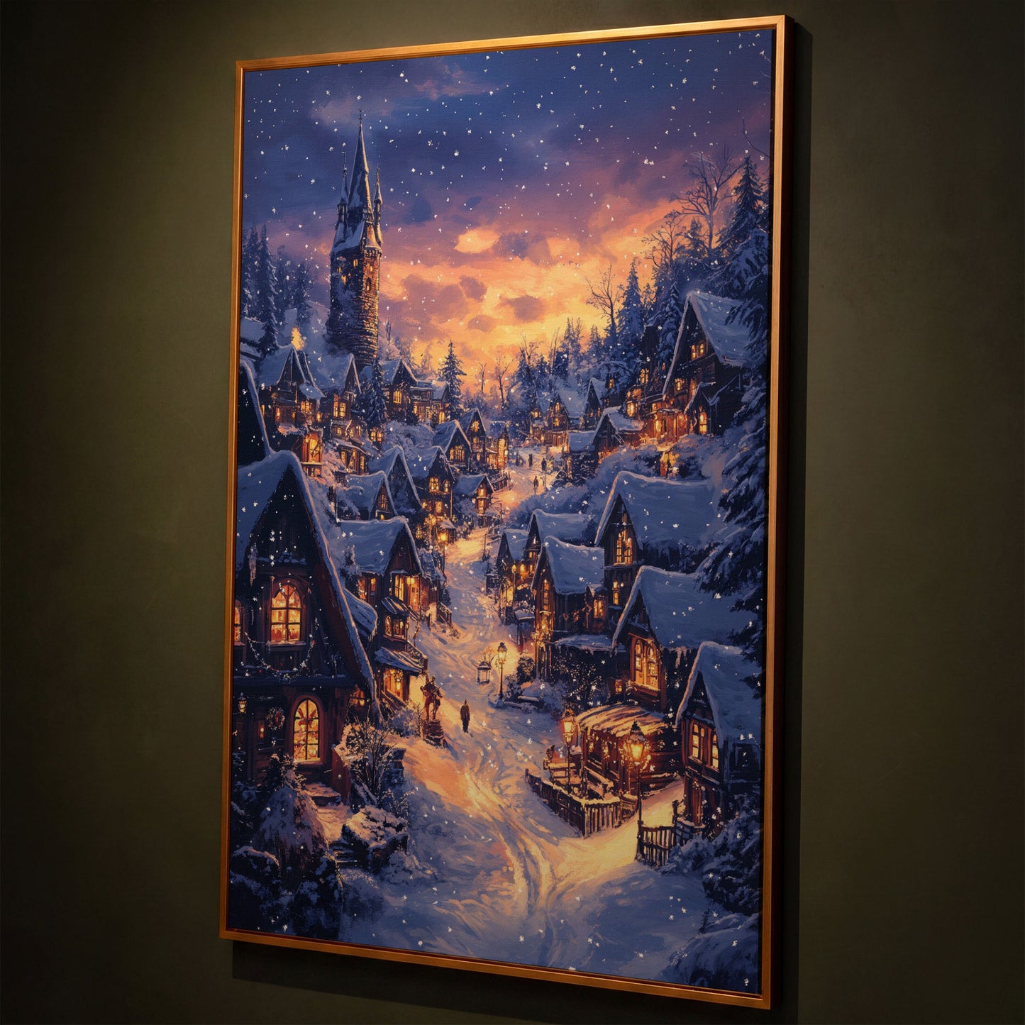 Serene Winter Village Scene Canvas Print shown in antique gold floating frame