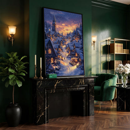 Serene Winter Village Scene Canvas Print in black floating frame