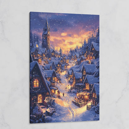 Serene Winter Village Scene Canvas Print on gallery wrap