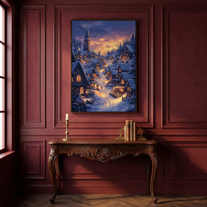 Serene Winter Village Scene Canvas Print in dark walnut floating frame