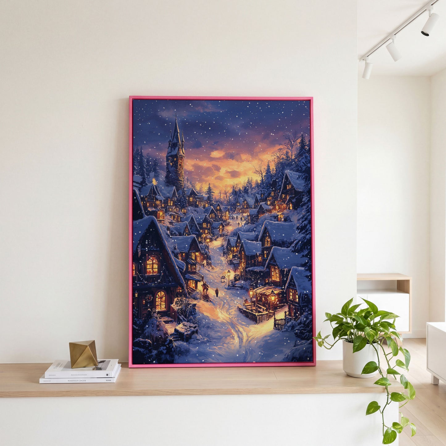 Serene Winter Village Scene Canvas Print in pink floating frame
