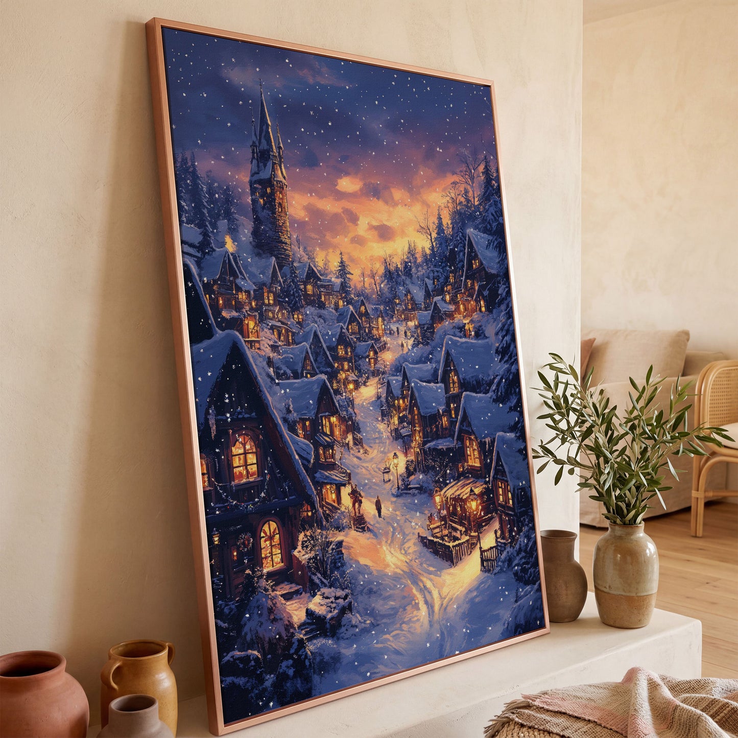 Serene Winter Village Scene Canvas Print in rose gold floating frame