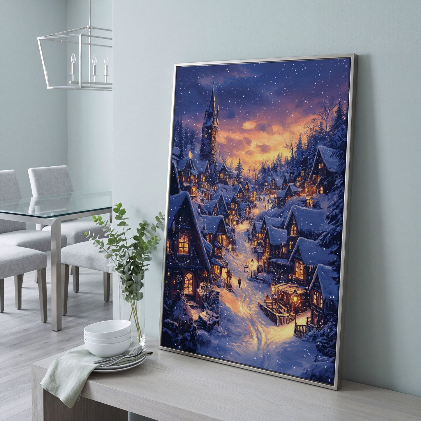 Serene Winter Village Scene Canvas Print in silver floating frame