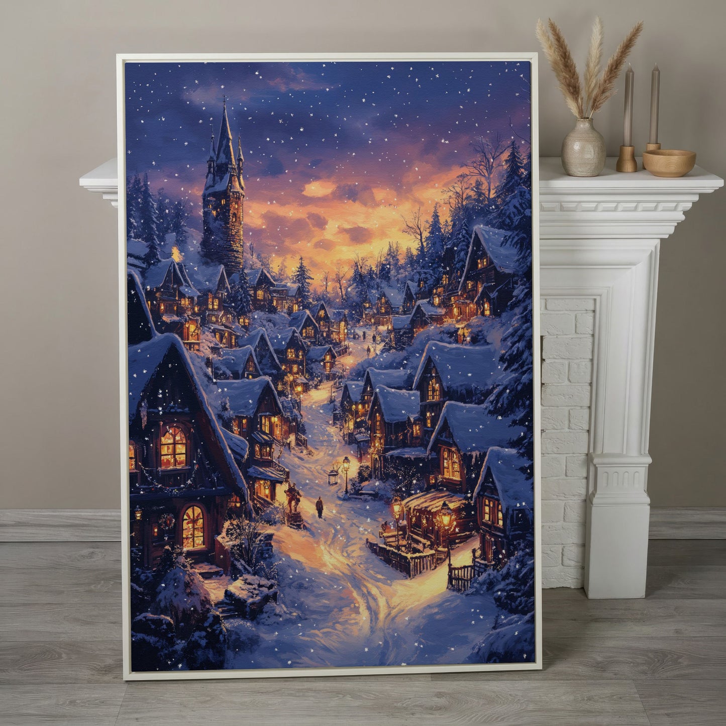 Serene Winter Village Scene Canvas Print in white floating frame