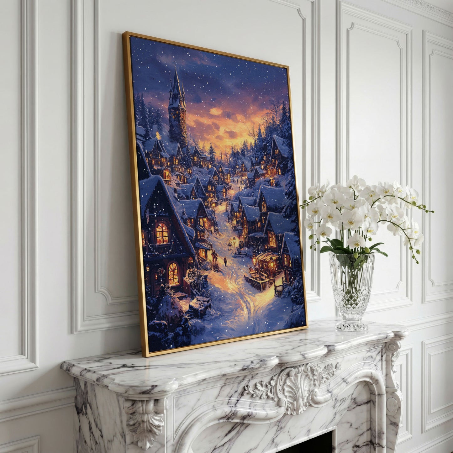 Serene Winter Village Scene Canvas Print in yellow gold floating frame