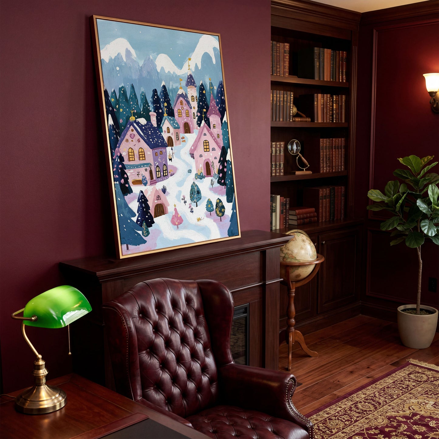 Winter Village Mountain Landscape Canvas in antique gold floating frame