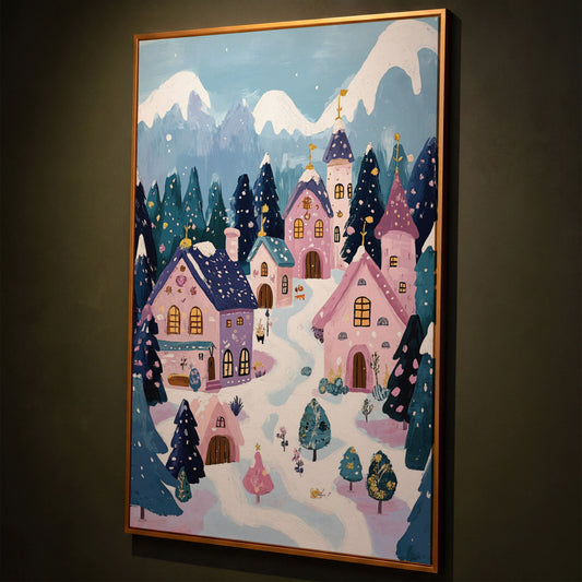 Winter Village Mountain Landscape Canvas shown in antique gold floating frame