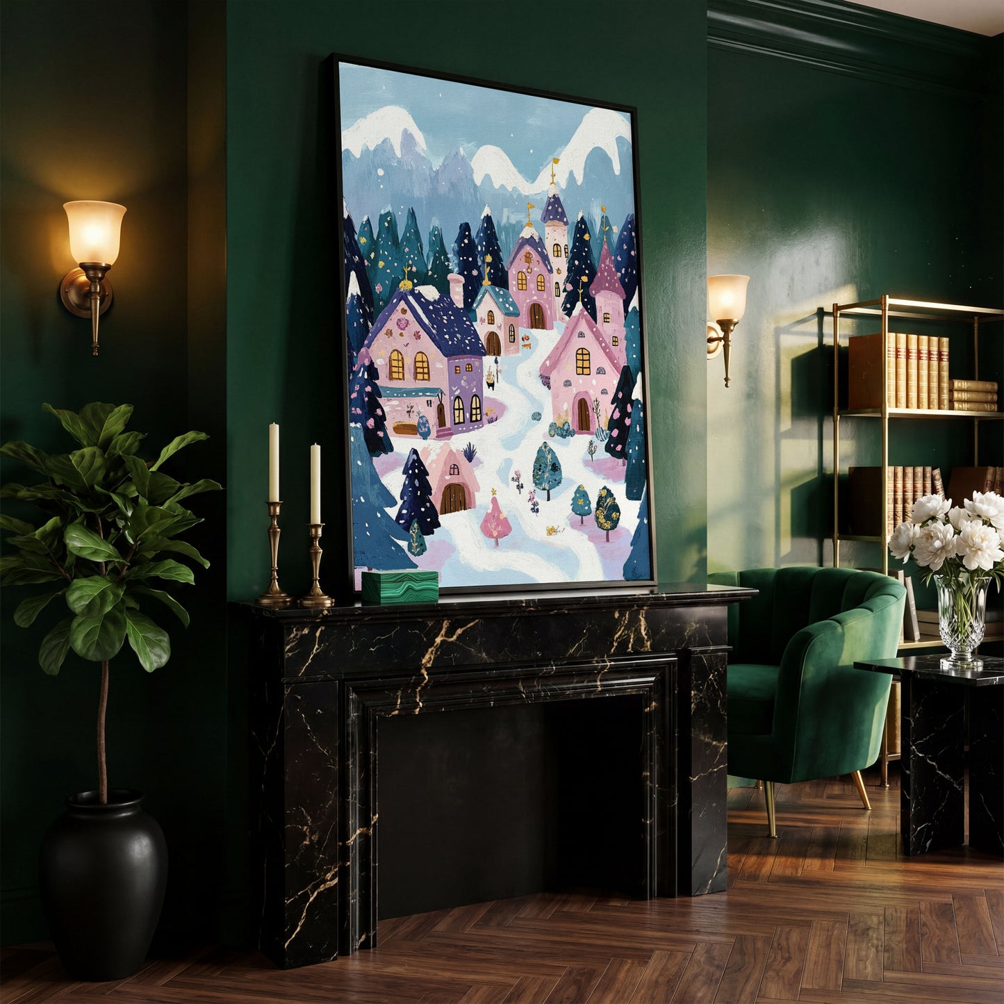 Winter Village Mountain Landscape Canvas in black floating frame