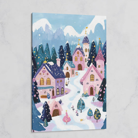 Winter Village Mountain Landscape Canvas on gallery wrap