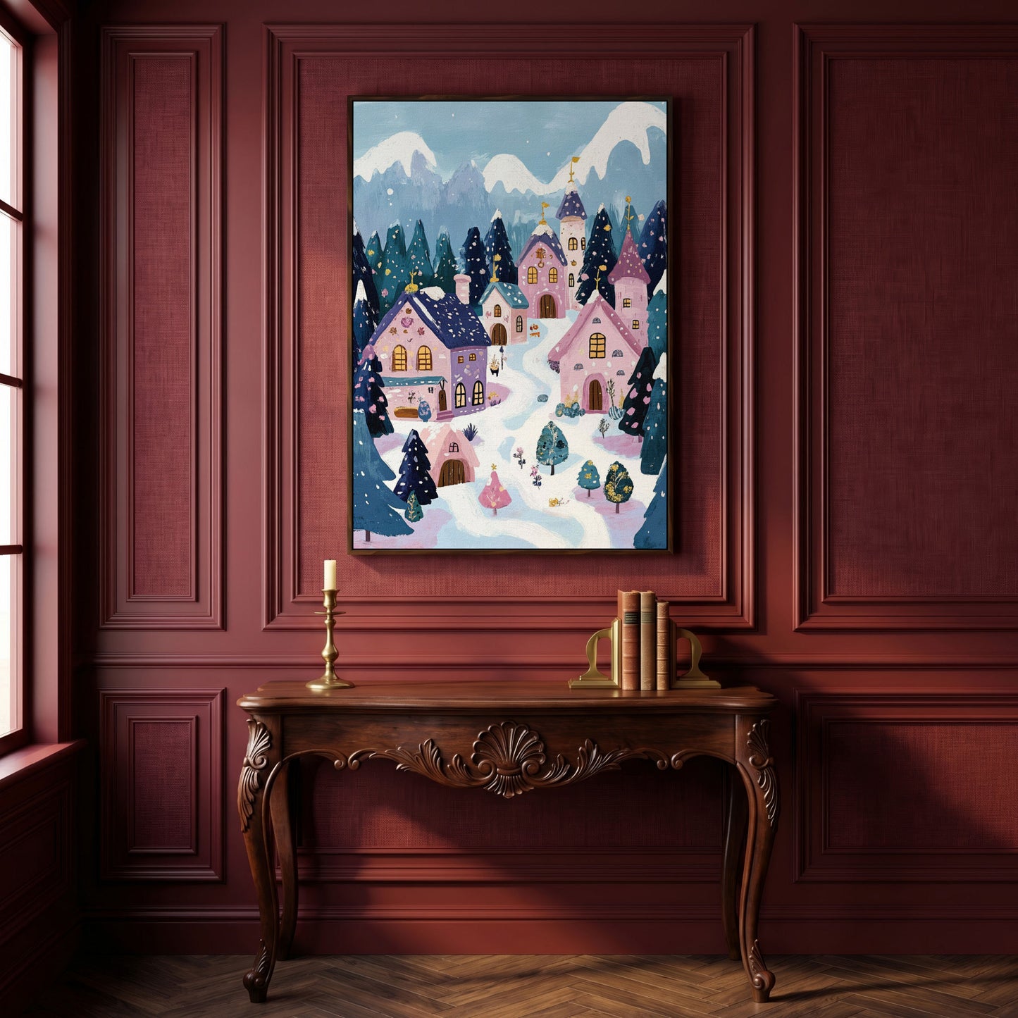Winter Village Mountain Landscape Canvas in dark walnut floating frame