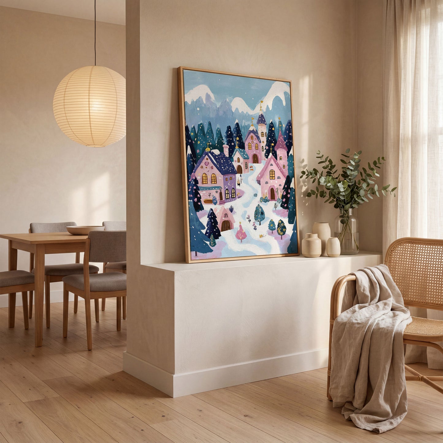 Winter Village Mountain Landscape Canvas in white oak floating frame