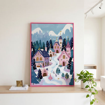 Winter Village Mountain Landscape Canvas in pink floating frame