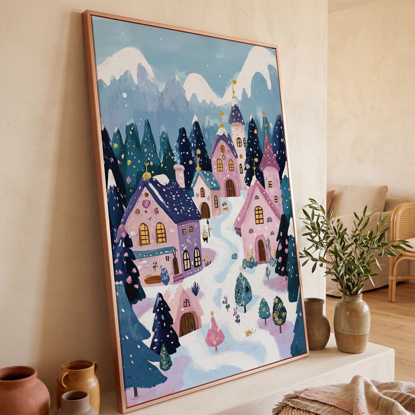 Winter Village Mountain Landscape Canvas in rose gold floating frame
