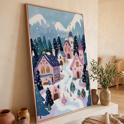 Winter Village Mountain Landscape Canvas in rose gold floating frame