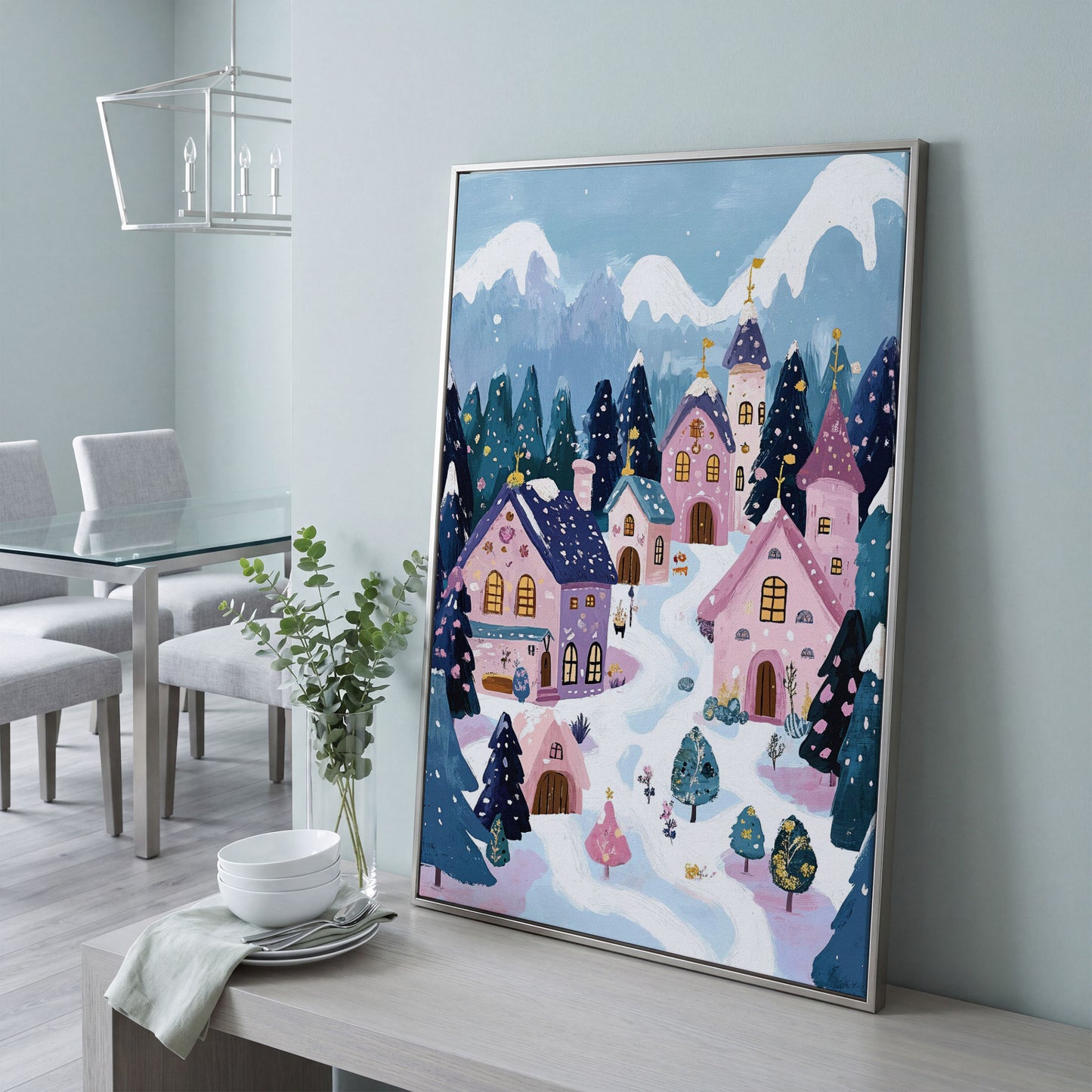 Winter Village Mountain Landscape Canvas in silver floating frame