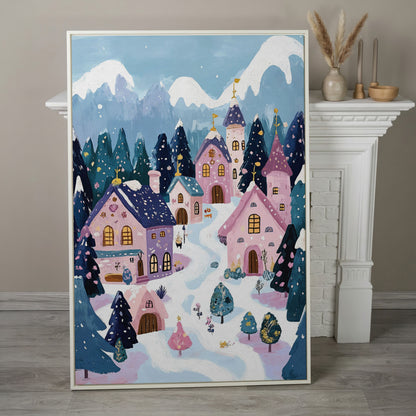 Winter Village Mountain Landscape Canvas in white floating frame
