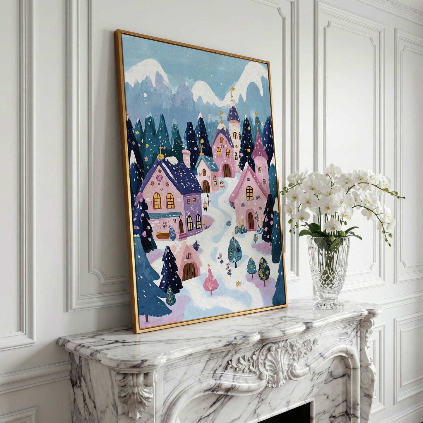 Winter Village Mountain Landscape Canvas in yellow gold floating frame