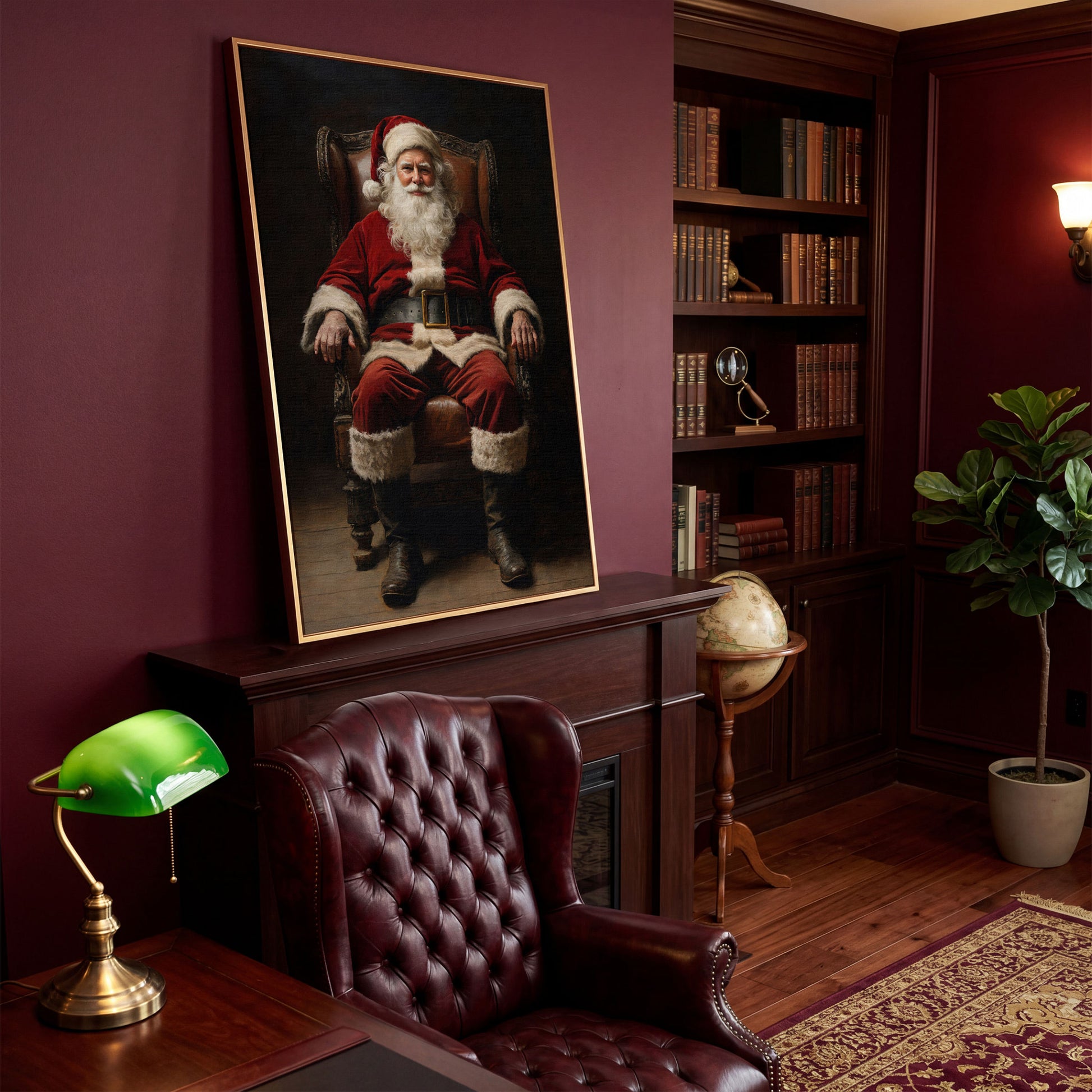 Santa in Armchair Canvas Print in antique gold floating frame