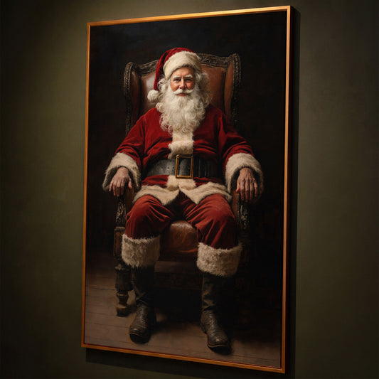 Santa in Armchair Canvas Print shown in antique gold floating frame