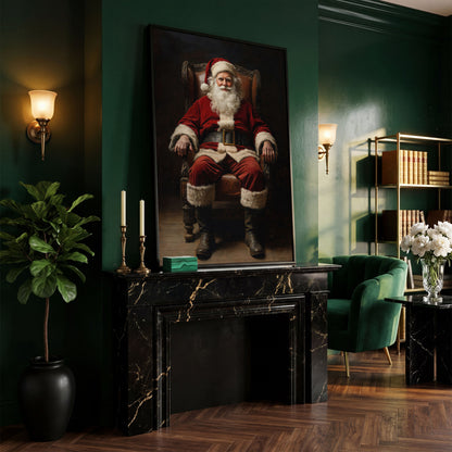 Santa in Armchair Canvas Print in black floating frame