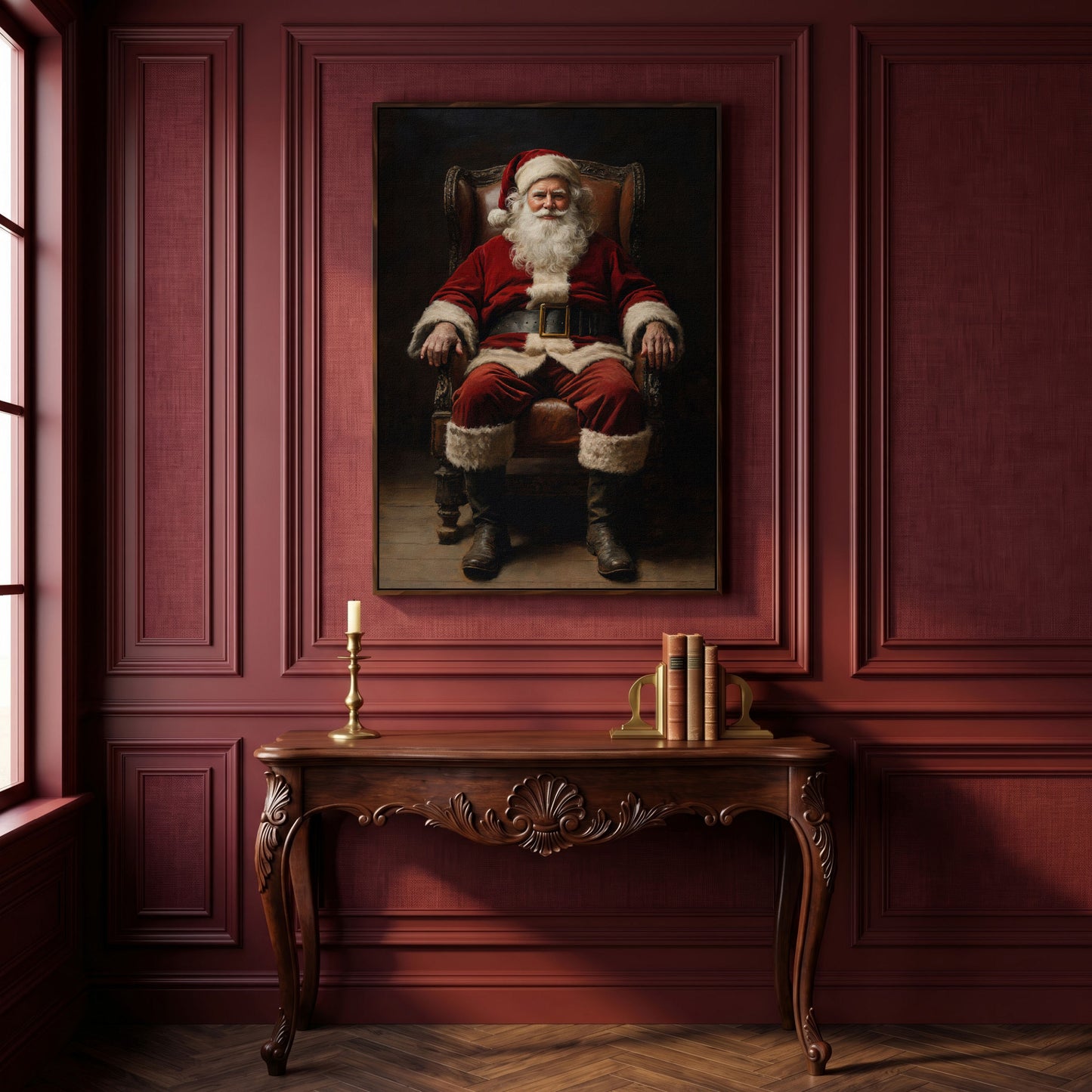 Santa in Armchair Canvas Print in dark walnut floating frame