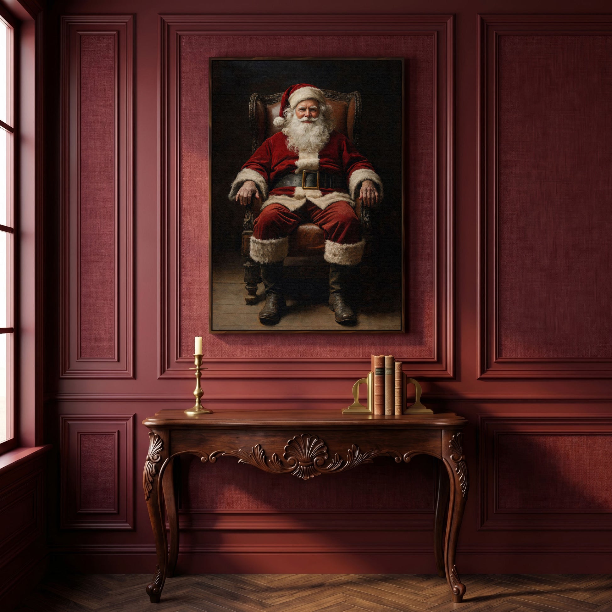 Santa in Armchair Canvas Print in dark walnut floating frame