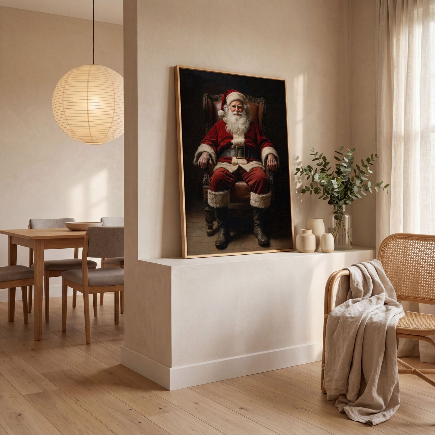 Santa in Armchair Canvas Print in white oak floating frame