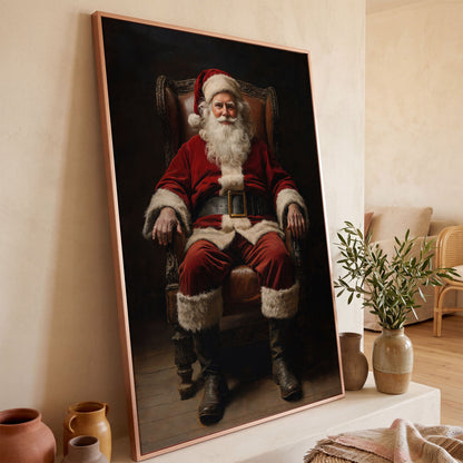 Santa in Armchair Canvas Print in rose gold floating frame