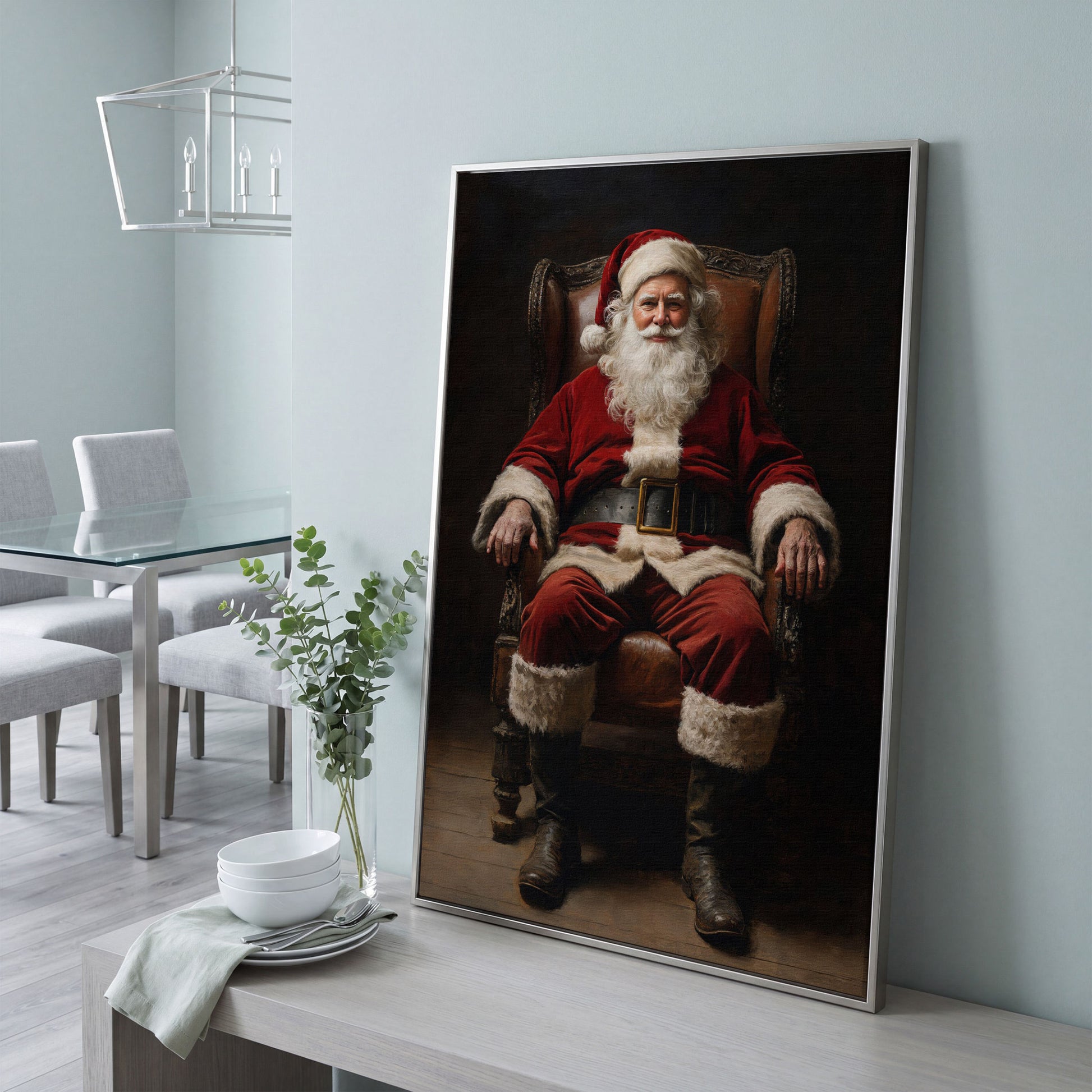 Santa in Armchair Canvas Print in silver floating frame