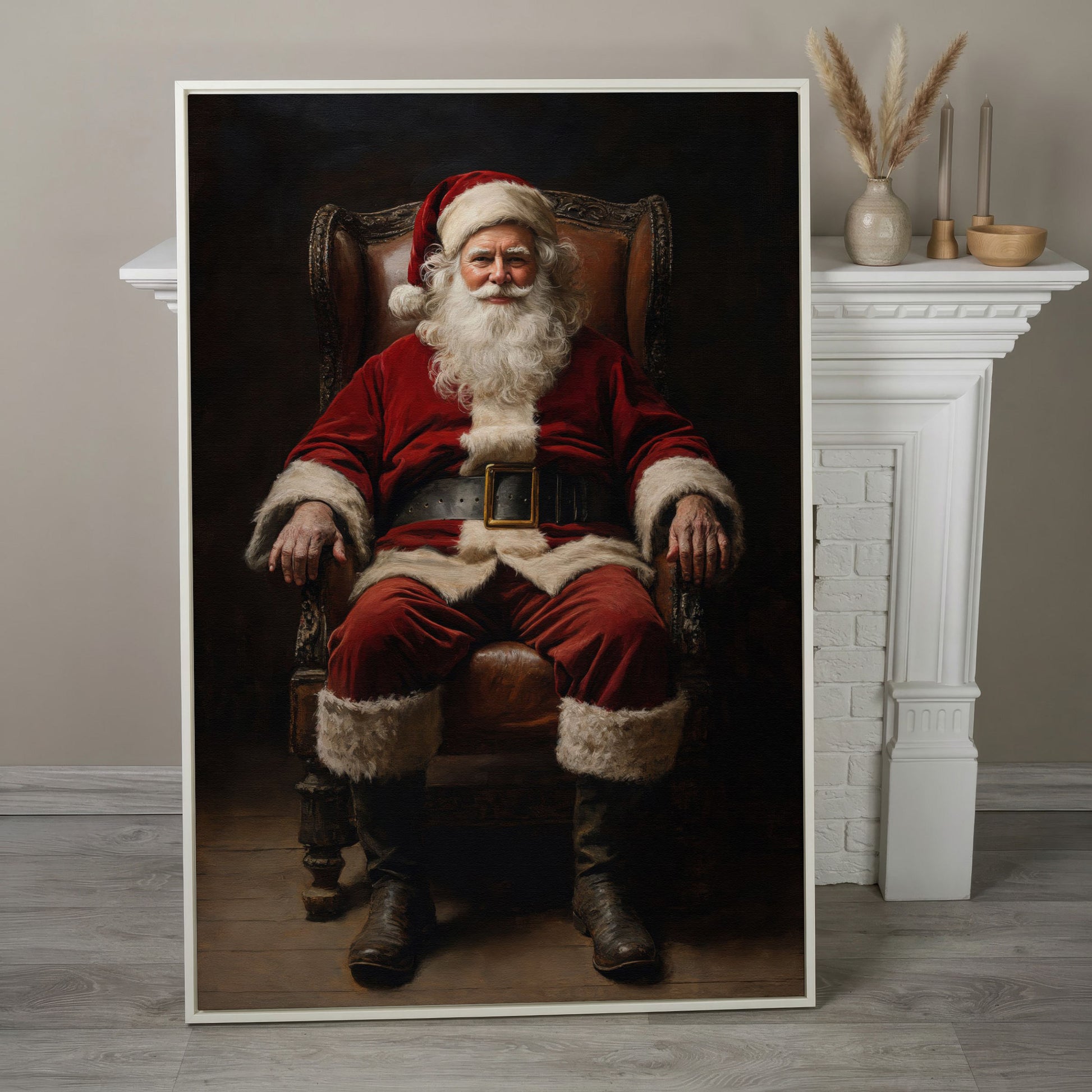 Santa in Armchair Canvas Print in white floating frame