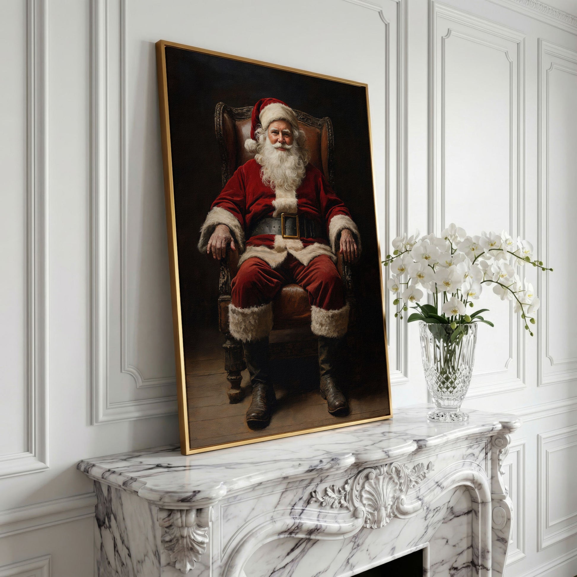 Santa in Armchair Canvas Print in yellow gold floating frame