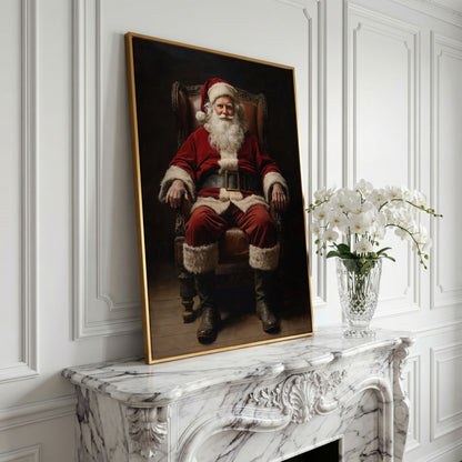 Santa in Armchair Canvas Print in yellow gold floating frame