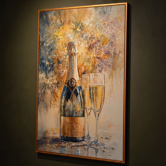 Champagne and Fireworks Canvas Wall Art shown in antique gold floating frame