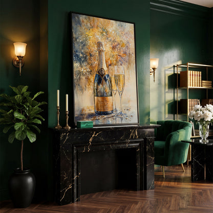 Champagne and Fireworks Canvas Wall Art in black floating frame