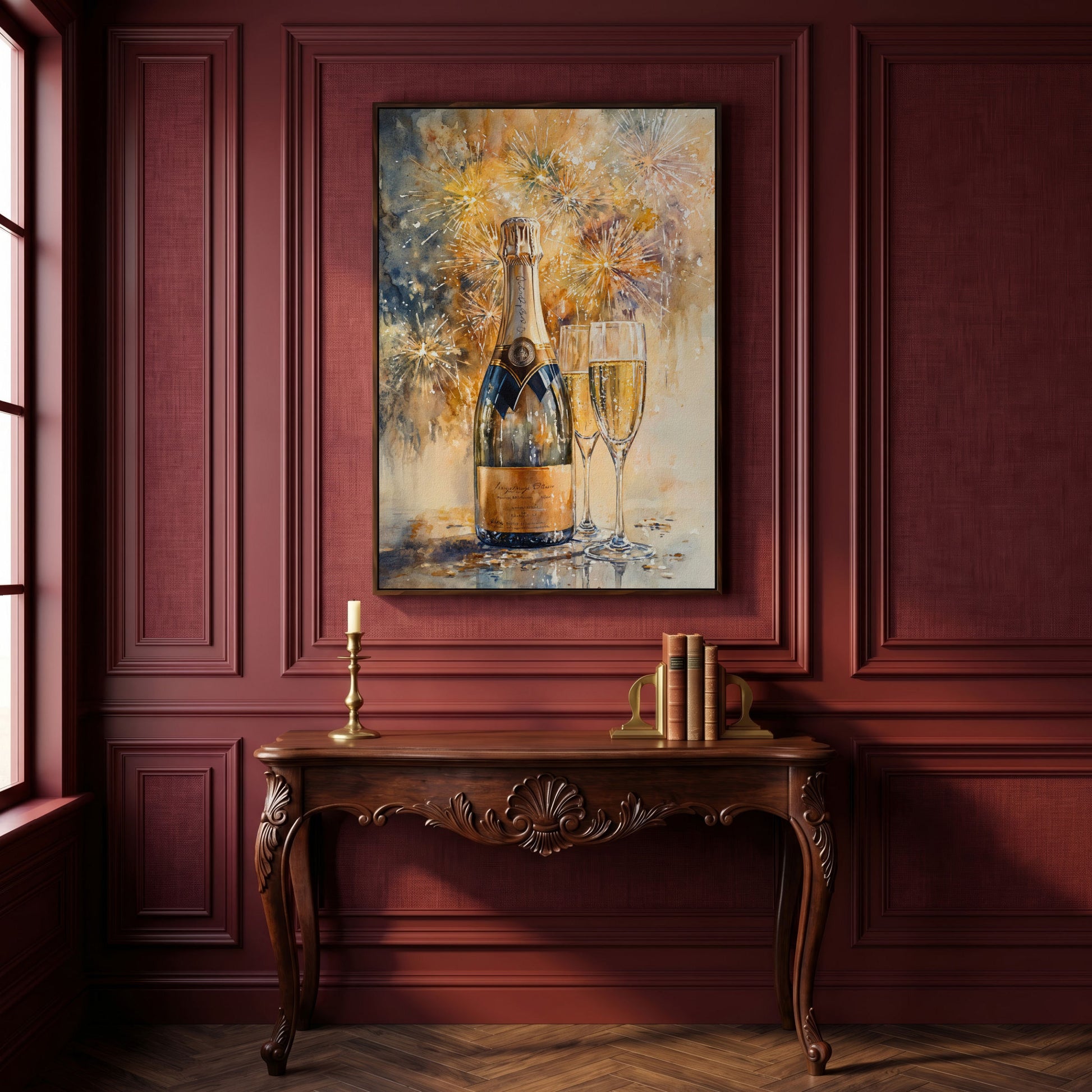 Champagne and Fireworks Canvas Wall Art in dark walnut floating frame