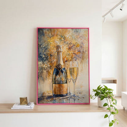 Champagne and Fireworks Canvas Wall Art in pink floating frame