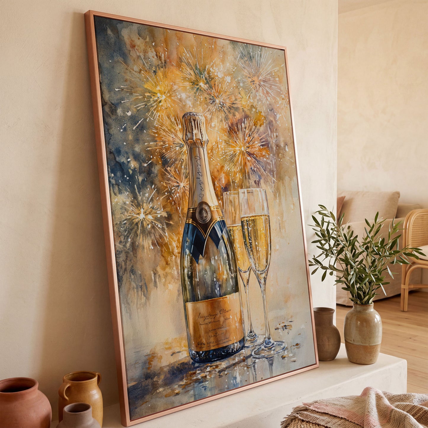 Champagne and Fireworks Canvas Wall Art in rose gold floating frame