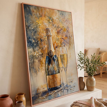 Champagne and Fireworks Canvas Wall Art in rose gold floating frame