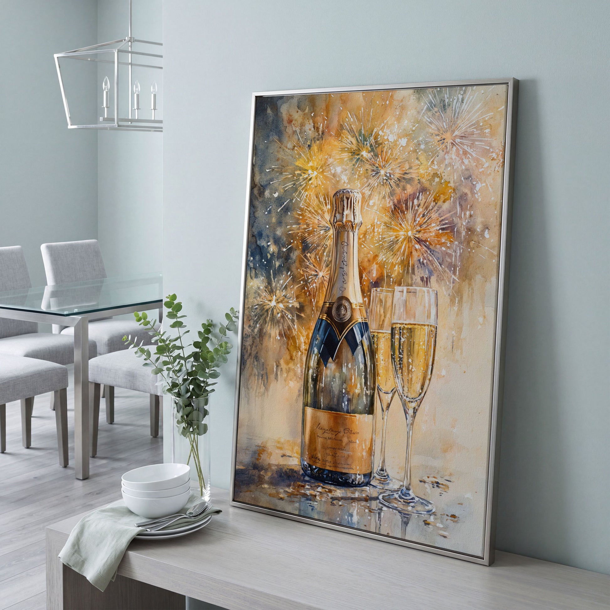 Champagne and Fireworks Canvas Wall Art in silver floating frame