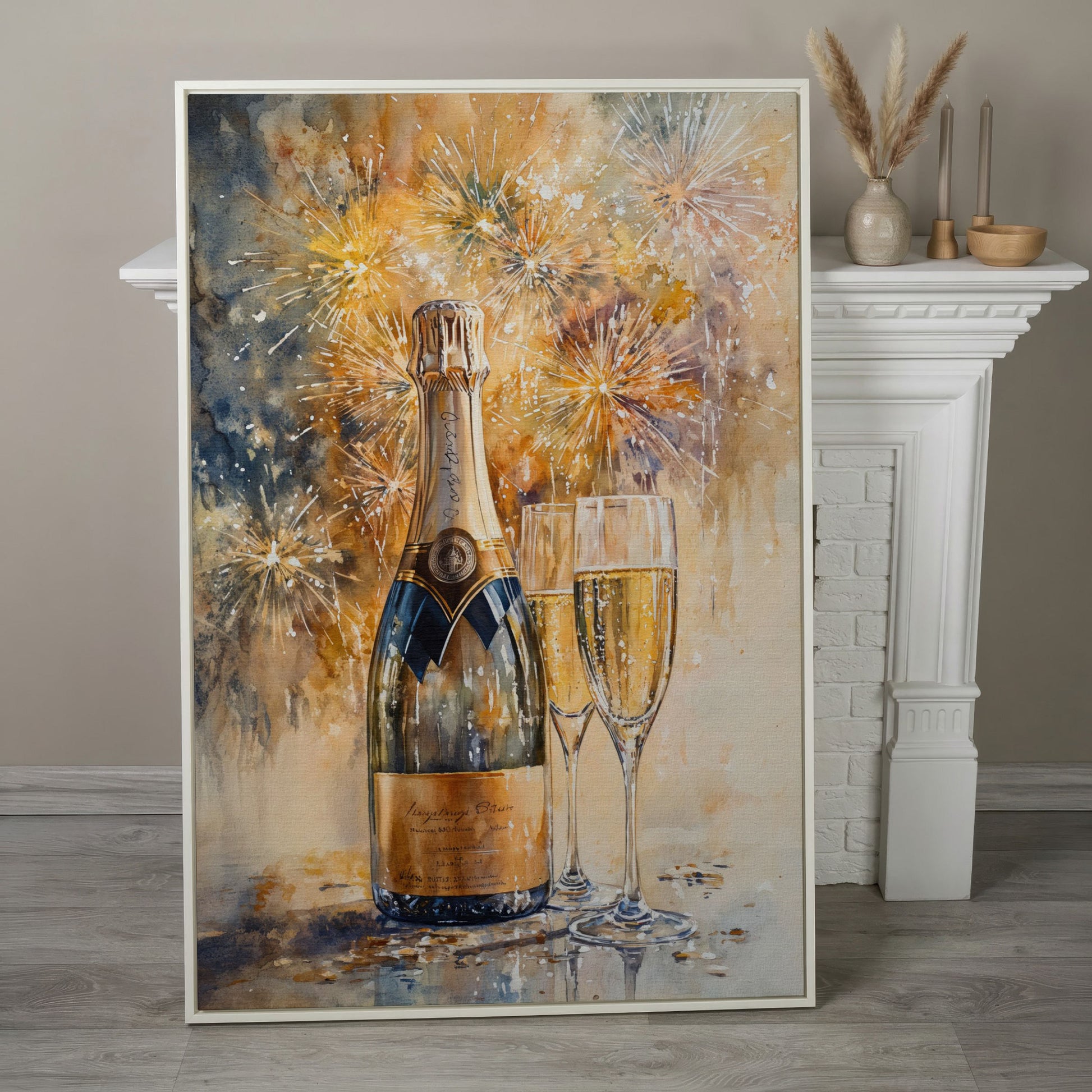 Champagne and Fireworks Canvas Wall Art in white floating frame