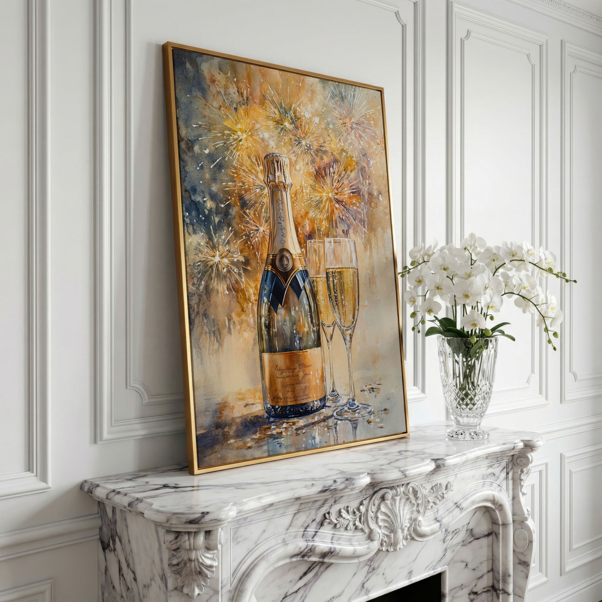 Champagne and Fireworks Canvas Wall Art in yellow gold floating frame