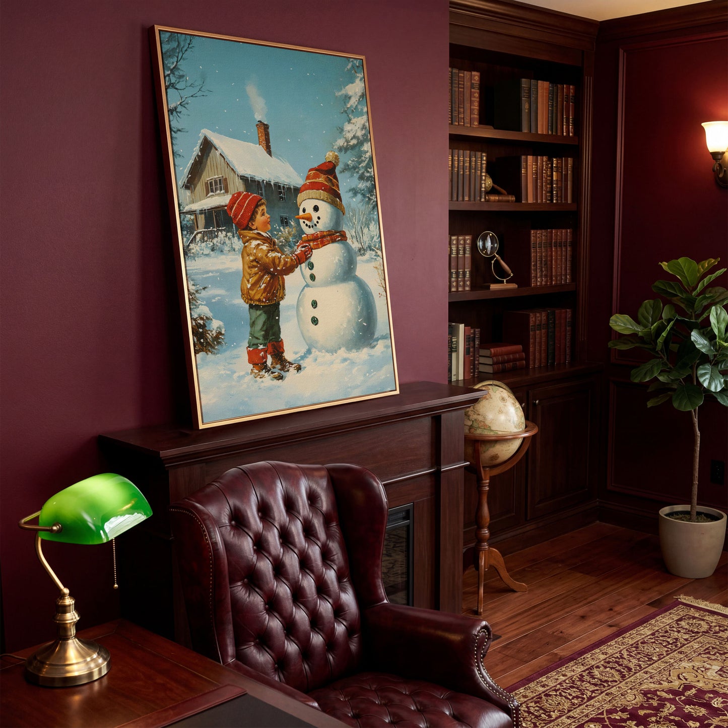 Child Building Snowman Canvas Print in antique gold floating frame